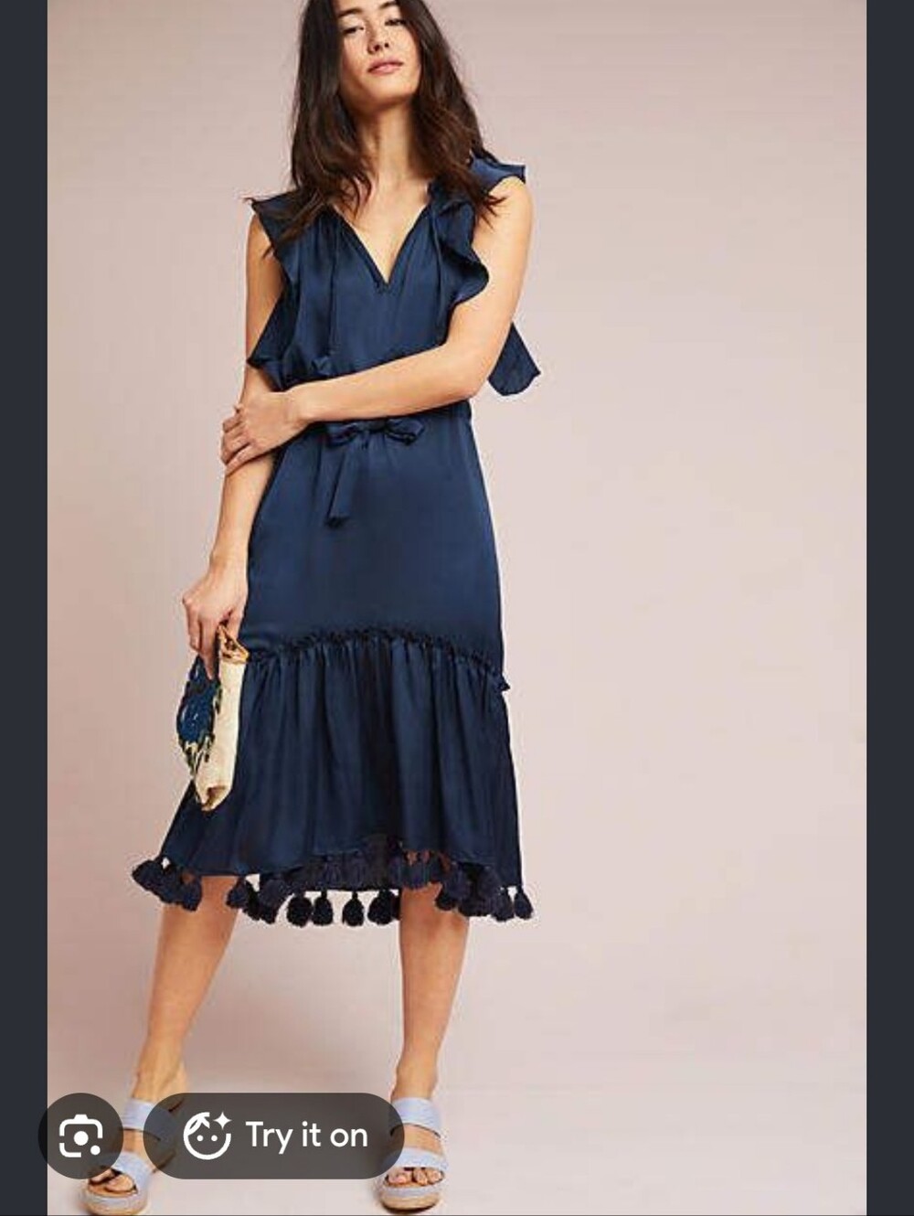 Misa Lenora Tasseled Midi Dress - Navy, 100% Visco